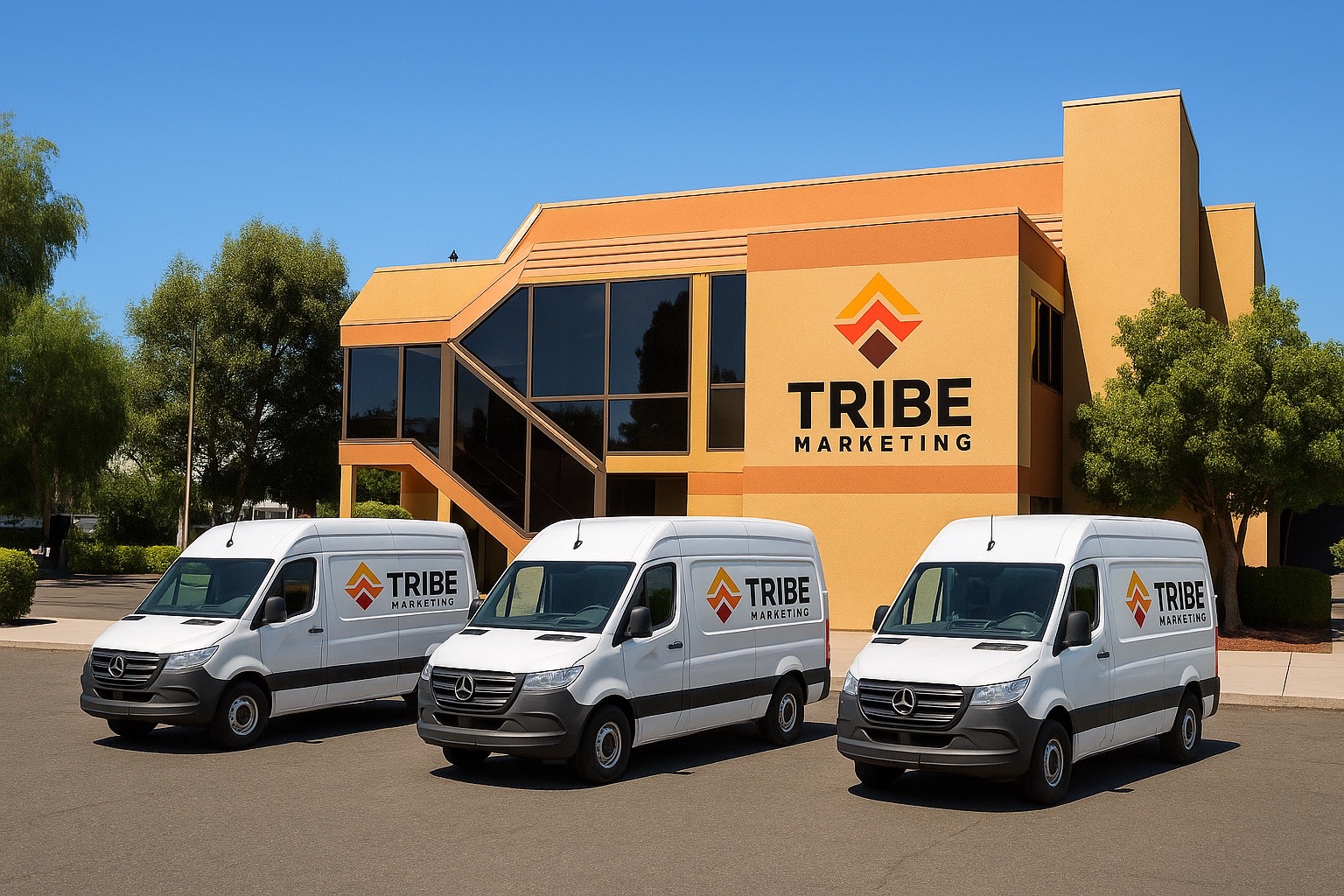 Tribe Marketing building with branded field vans